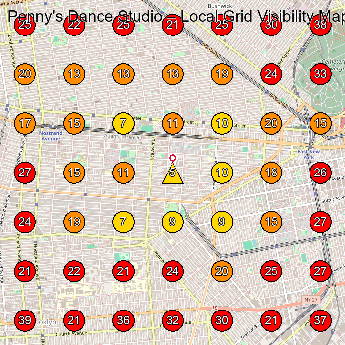 Penny's Dance Studio GeoGrid visibility map for Performing Arts Group in Brooklyn